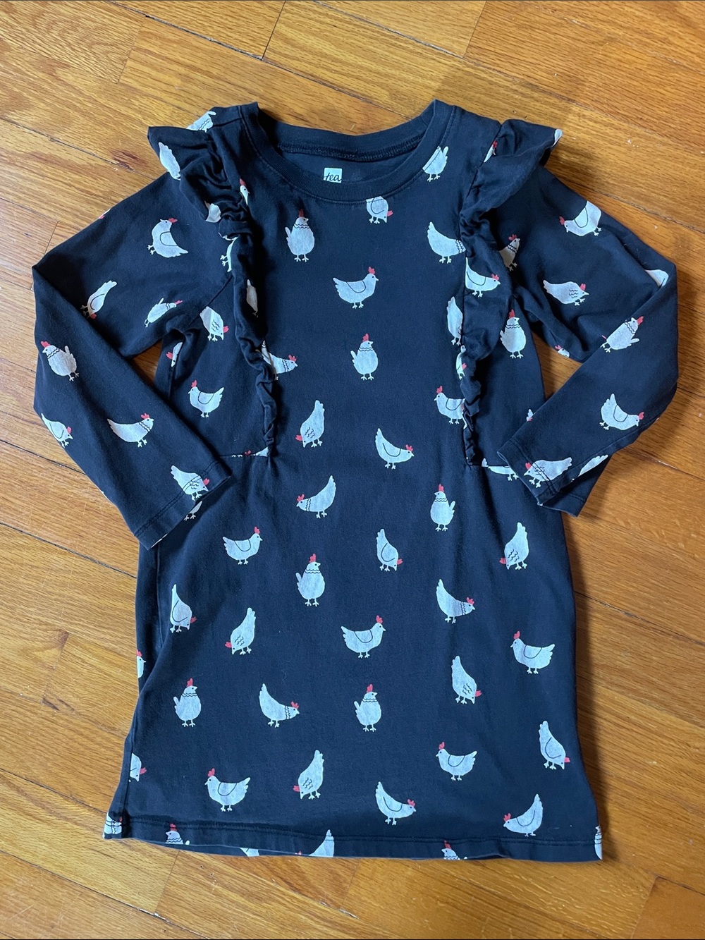 Tea Collection Black Long-Sleeve Chicken Print Ruffle Dress Girl’s Size 6